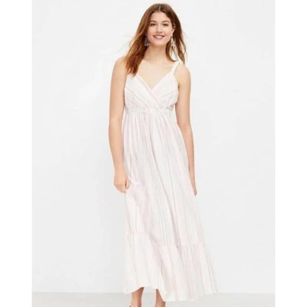 LOFT Beach Cream Striped Spaghetti Strap Linen-Blend Dress Size XL